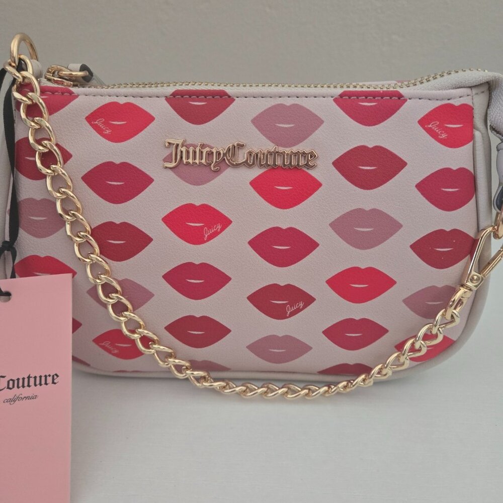 Juicy Couture Sealed With a Kiss Wristlet Clutch Purse Lips Gold Chain